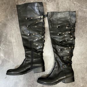 Black faux leather mid knee high boots